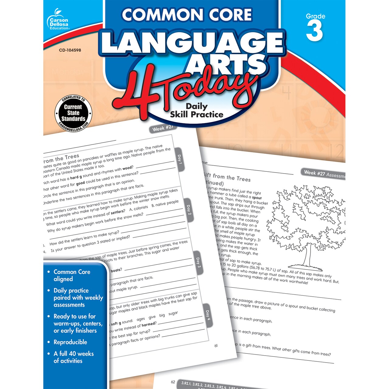 Carson Dellosa Common Core Language Arts 4 Today 3rd Grade Workbook, 40 Weeks of Reproducible Activities, Spelling, Grammar ELA Skills Practice, Weekly Assessments, Classroom or Homeschool Curriculum